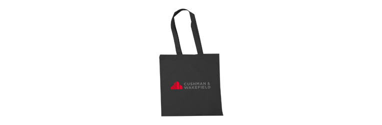 Black canvas bag with company logo on front 